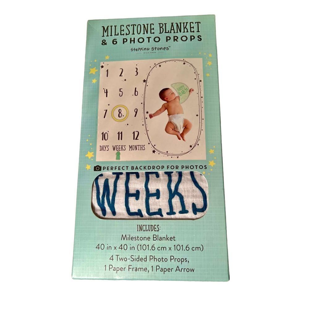 New In Box Stepping Stones Baby Milestone Blanket 40" x 40" And 6 Photo Props